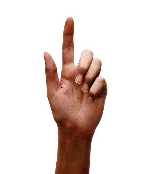Μαύρο Γυναικείο Χέρι Που Δείχνει Δείκτη Επάνω Απομονωμένο Λευκό Φόντο — Φωτογραφία Αρχείου