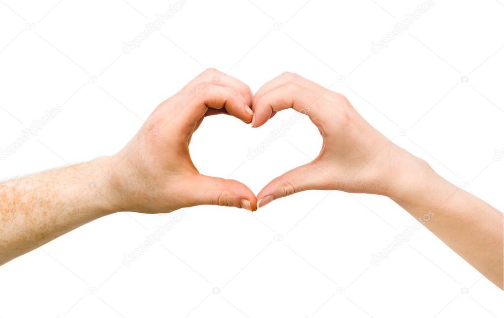 male and female hand making heart sign with hands isolated white background