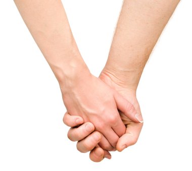 Erkek ve kadın el ele tutuşuyor beyaz izole bir arka planda