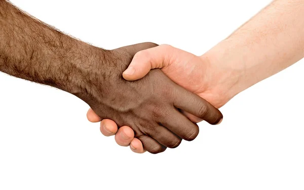 Aperto Mão Homem Branco Americano Africano Fundo Isolado Branco — Fotografia de Stock
