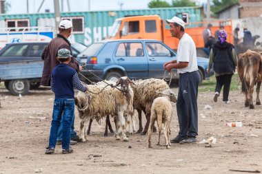 KARAKOL, KYRGYZSTAN - CIRCA HAZİRAN 2017: Karakol 'da haftalık pazar hayvan pazarı Kırgızistan' daki Issyk-Kul Gölü 'nün doğu ucu, 2017 Haziran ayı civarında Karakol' da.