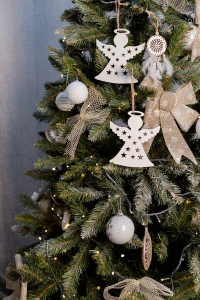 Beautiful Green Christmas Tree Decoration Toys Ribbons — Stock Photo, Image