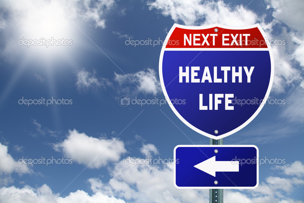 Red and blue interstate road sign Next Exit Healthy life