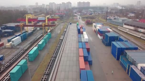 Multicolored Freight Containers Railway Customs Aerial Drone Flight – Stock-video