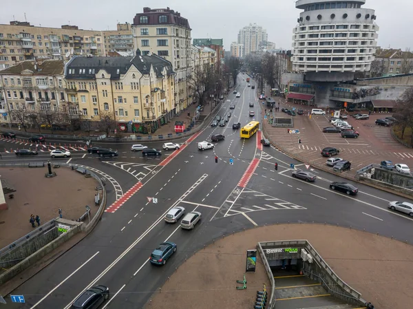 City Street Bike Path Kiev Cloudy Weather Aerial Drone View — 图库照片