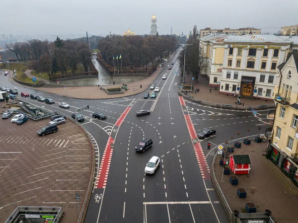 City Street Bike Path Kiev Cloudy Weather Aerial Drone View — Stock Photo, Image