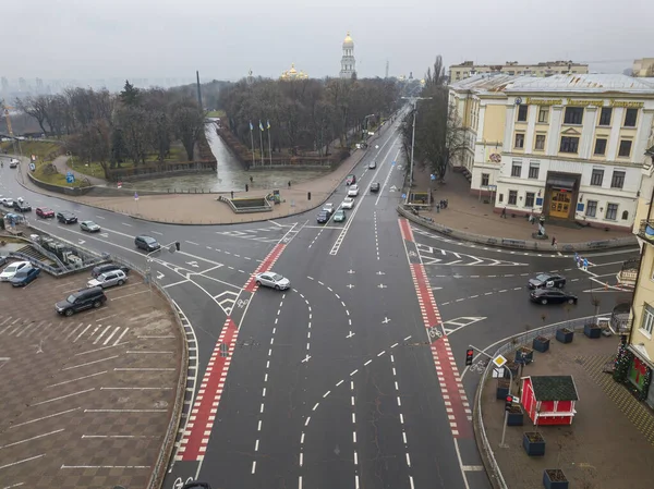 Calle Ciudad Con Carril Bici Kiev Tiempo Nublado Vista Aérea — Foto de Stock