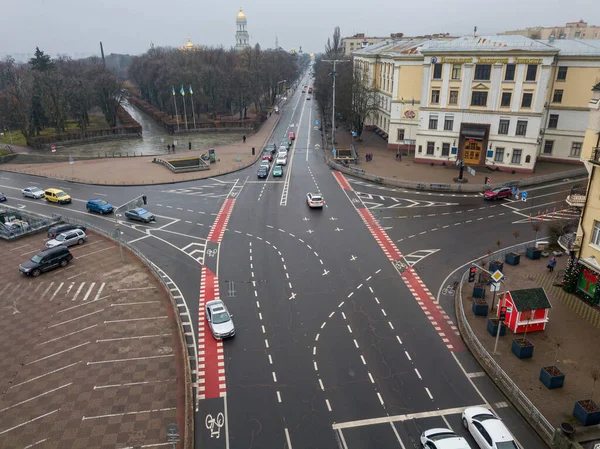 Calle Ciudad Con Carril Bici Kiev Tiempo Nublado Vista Aérea — Foto de Stock