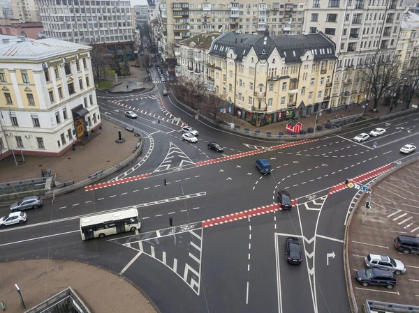 stock image City street with a bike path in Kiev in cloudy weather. Aerial drone view.