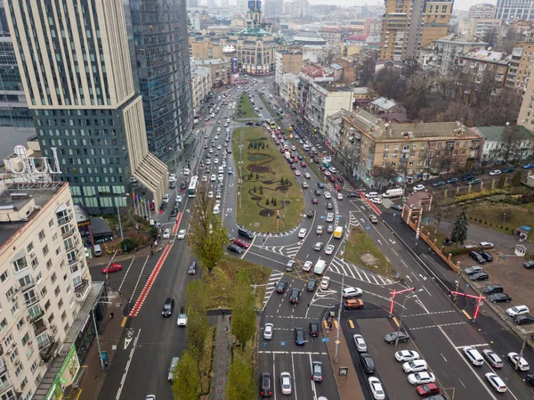 City Street Bike Path Kiev Cloudy Weather Aerial Drone View — Stock Photo, Image