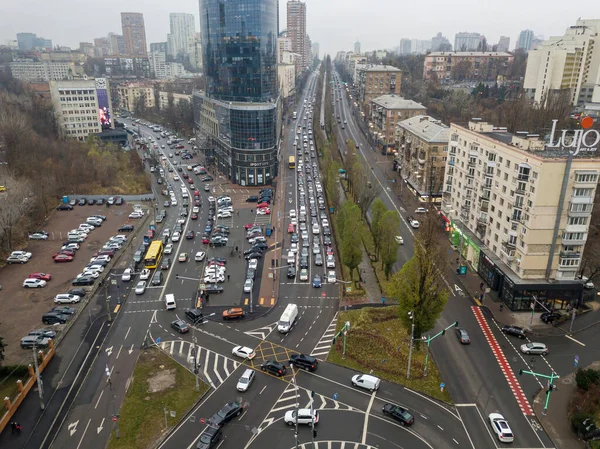 Městská Ulice Cyklostezkou Kyjevě Oblačného Počasí Zobrazení Leteckých Dronů — Stock fotografie