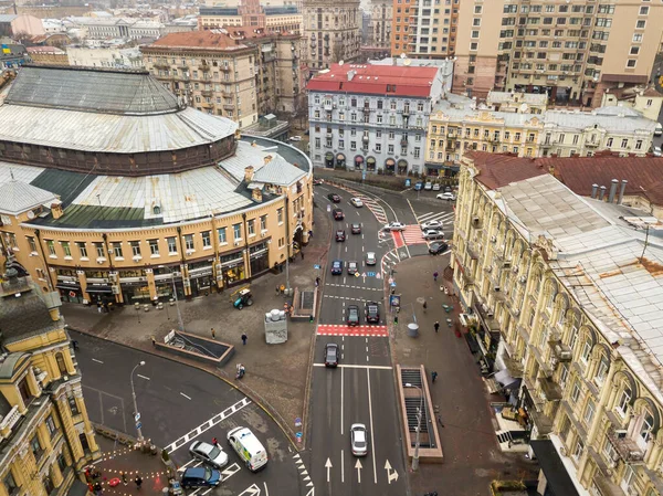 Stadsstraat Met Fietspad Kiev Bij Bewolkt Weer Luchtdrone Zicht — Stockfoto