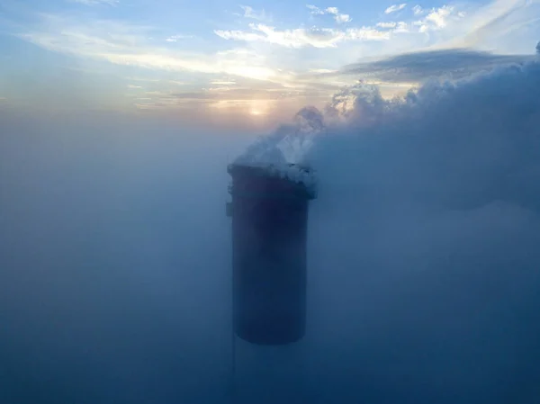 High Chimney Thermal Power Plant Fog Rays Sunset Aerial Drone — 图库照片