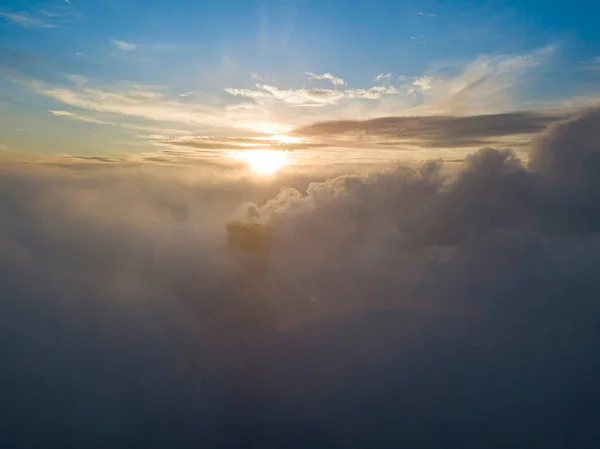 High Chimney Thermal Power Plant Fog Rays Sunset Aerial Drone — Stockfoto
