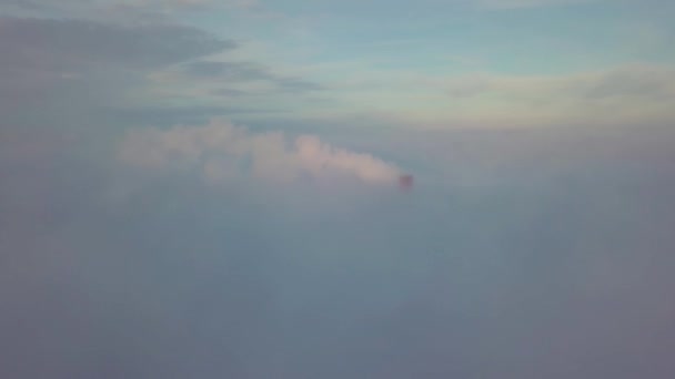 High Chimney Thermal Power Plant Fog Rays Sunset Aerial Drone — Stock Video