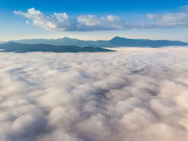 在山上的雾中高空飞行 乌克兰喀尔巴阡山脉在早上 空中无人驾驶飞机视图 — 图库照片