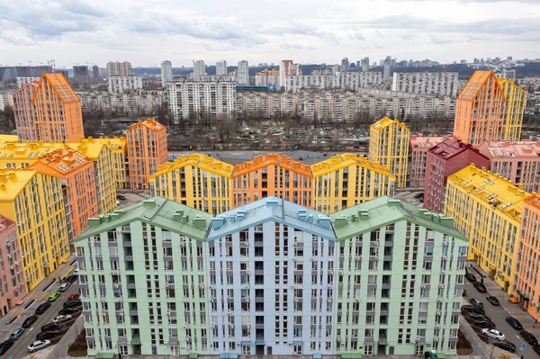 Nombreux Bâtiments Résidentiels Multicolores Kiev Par Temps Nuageux Vue Aérienne — Photo