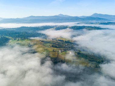 Ukrayna Karpatya dağlarında sabah sisi. Hava aracı görünümü.