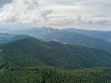 Yazın Ukrayna Karpatları 'nın yeşil dağları. Hava aracı görünümü.