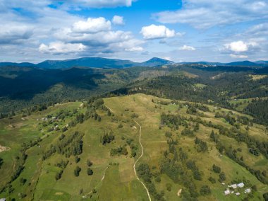 Yazın Ukrayna Karpatları 'nın yeşil dağları. Yamaçlarda kozalaklı ağaçlar. Hava aracı görünümü.