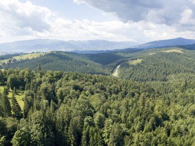 Yazın Ukrayna Karpatları 'nın yeşil dağları. Güneşli bir gün. Hava aracı görünümü.