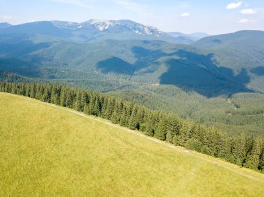 Yazın Ukrayna Karpatları 'nın yeşil dağları. Güneşli bir gün, nadir bulutlar. Hava aracı görünümü.