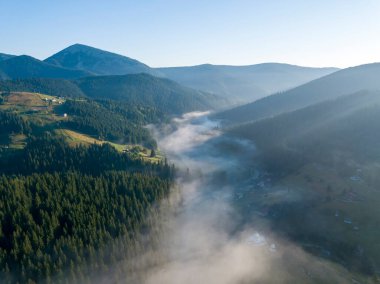 Sabah sisinde Ukrayna Karpatları 'nın yeşil dağları. Hava aracı görünümü.
