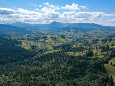 Yazın Ukrayna Karpatları 'nın yeşil dağları. Yamaçlarda kozalaklı ağaçlar. Hava aracı görünümü.