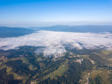 Ukrayna Karpatlarının dağlarında yüksek uçuş. Vadide sis var. Hava aracı görünümü.