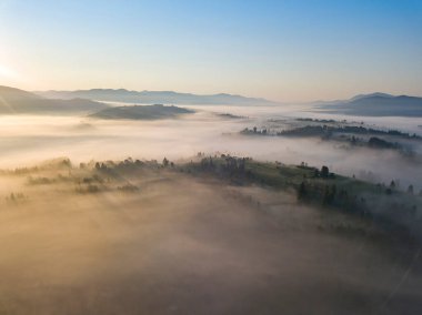 Ukrayna Karpatları 'nda sabah sisi. Hava aracı görünümü.