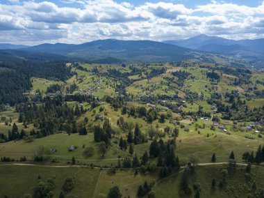 Yazın Ukrayna Karpatları 'nın yeşil dağları. Yamaçlarda kozalaklı ağaçlar. Hava aracı görünümü.