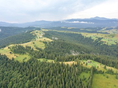 Yazın Ukrayna Karpatları 'nın yeşil dağları. Hava aracı görünümü.