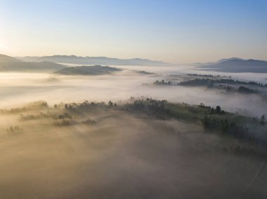 Ukrayna Karpatları 'nda sabah sisi. Hava aracı görünümü.