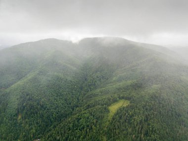 Ukrayna Karpatlarının yeşil dağları bulutların üzerinde dinleniyor. Hava aracı görünümü.