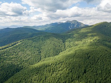 Güneşli havada Ukrayna Karpatlarının yüksek dağları. Hava aracı görünümü.
