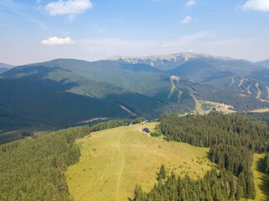 Yazın Ukrayna Karpatları 'nın yeşil dağları. Güneşli bir gün, nadir bulutlar. Hava aracı görünümü.