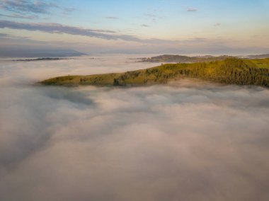 Ukrayna Karpatları 'nda sabah sisi. Hava aracı görünümü.