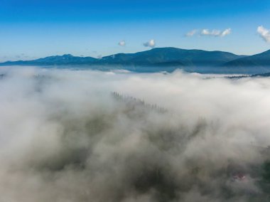 Sisli Karpatlar 'da güneşli bir sabah. Dağları kalın bir sis tabakası kaplıyor. Hava aracı görünümü.