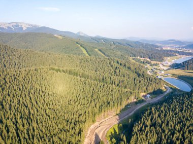 Yazın Ukrayna Karpatları 'nın yeşil dağları. Güneşli bir gün, nadir bulutlar. Hava aracı görünümü.