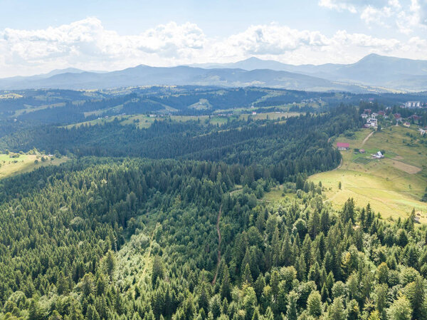 Green mountains of Ukrainian Carpathians in summer. Sunny day. Aerial drone view.