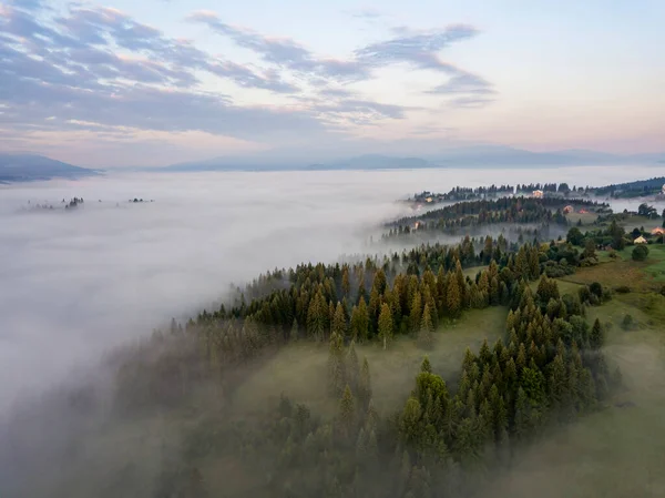 Niebla Matutina Los Cárpatos Ucranianos Vista Aérea Del Dron — Foto de Stock