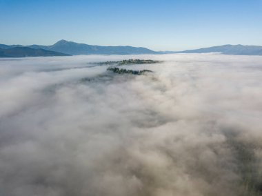 Ukrayna Karpatları 'nda sabah sisi. Hava aracı görünümü.