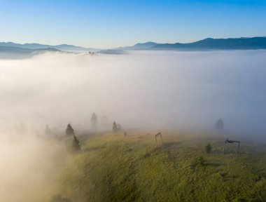 Sis dağ ormanını kaplıyor. Güneşin yükselen ışınları sisi delip geçer. Hava aracı görünümü.