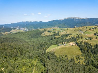 Yazın Ukrayna Karpatları 'nın yeşil dağları. Güneşli açık bir gün. Hava aracı görünümü.