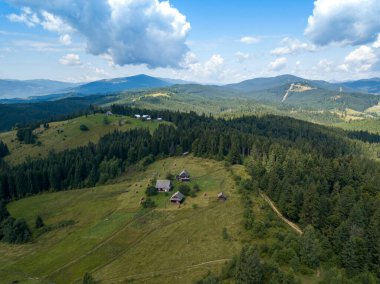 Yazın Ukrayna Karpatları 'nın yeşil dağları. Güneşli bir gün. Hava aracı görünümü.