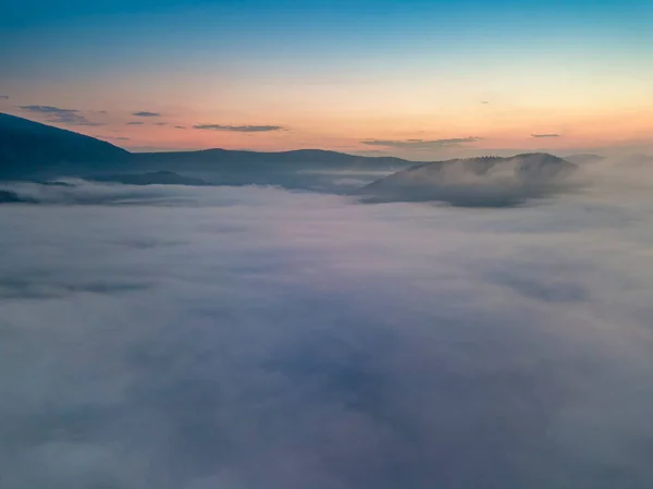 Rays Dawn Fog Ukrainian Carpathians Aerial Drone View — Stock Photo, Image