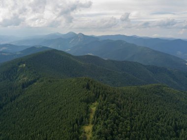 Yazın Ukrayna Karpatları 'nın yeşil dağları. Hava aracı görünümü.