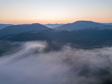 Ukrayna Karpatları 'nda sabah sisi. Hava aracı görünümü.