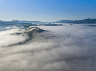 Ukrayna Karpatları 'nda sabah sisi. Hava aracı görünümü.