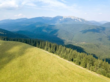 Yazın Ukrayna Karpatları 'nın yeşil dağları. Güneşli bir gün, nadir bulutlar. Hava aracı görünümü.